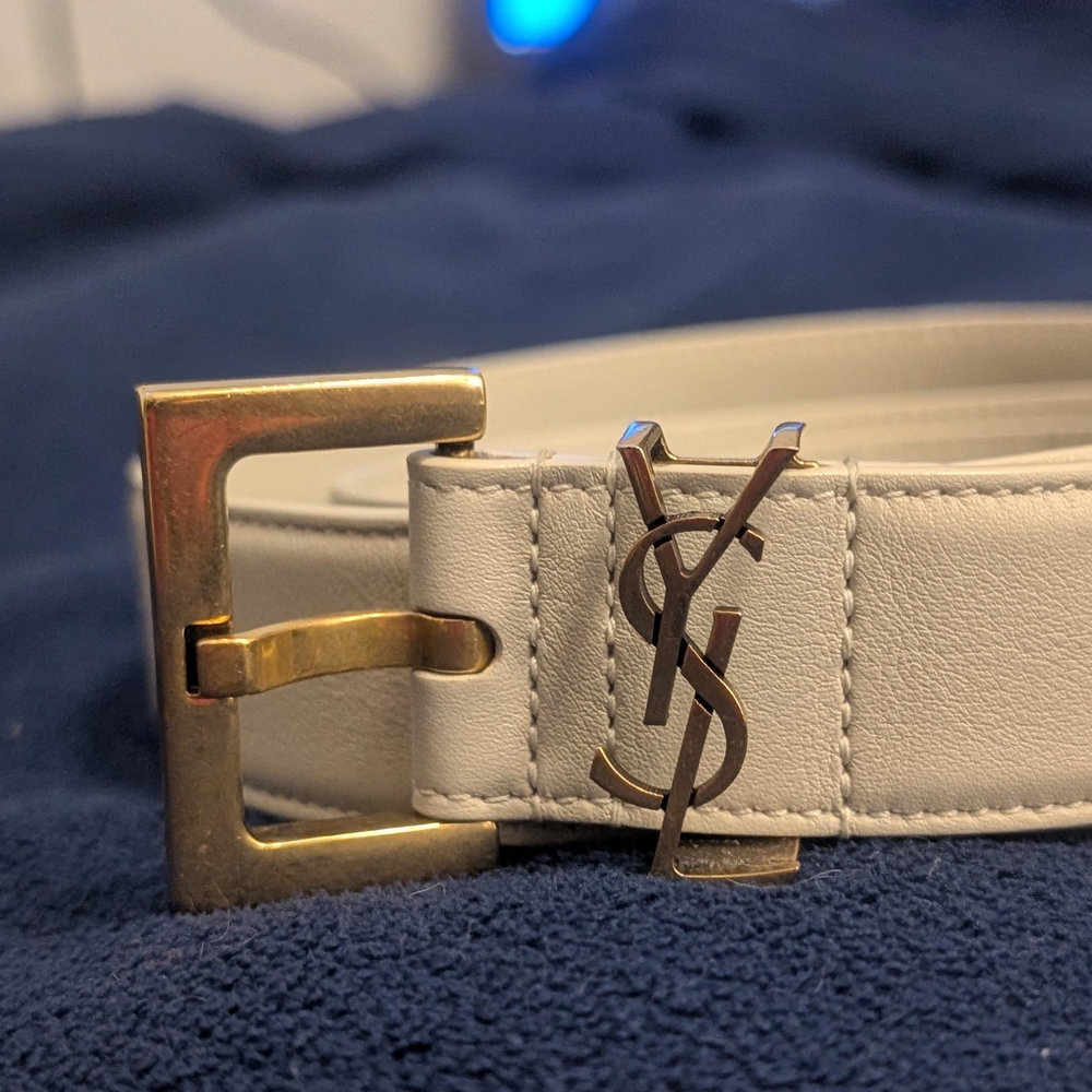 Saint Laurent Cream Belt with Gold Buckle